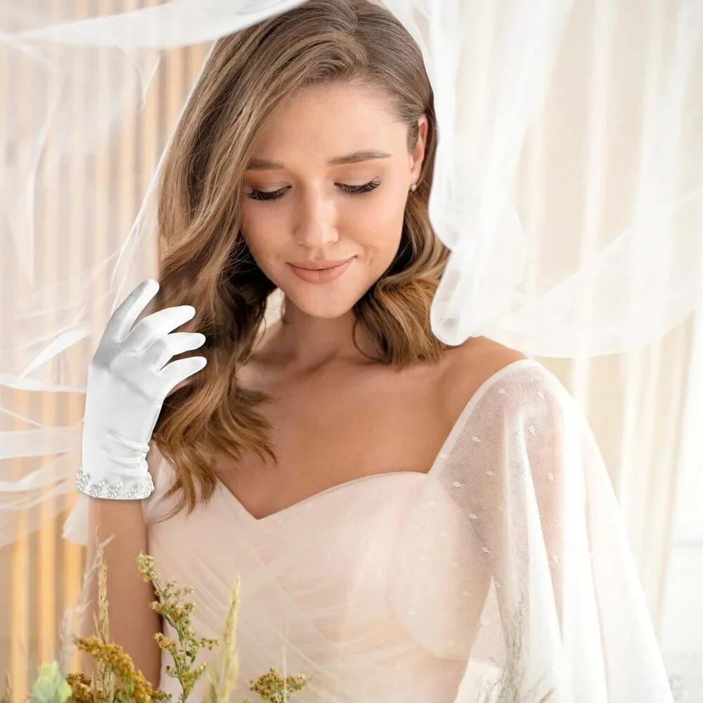 Women's White Elegant Fashion Pearl Fabric Satin Gloves Wedding Party Tea Prom